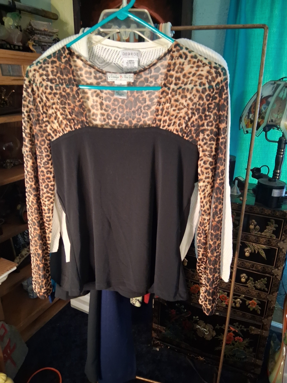 Vintage Suzie Black Top with Leopard-Print Yoke and Sleeves